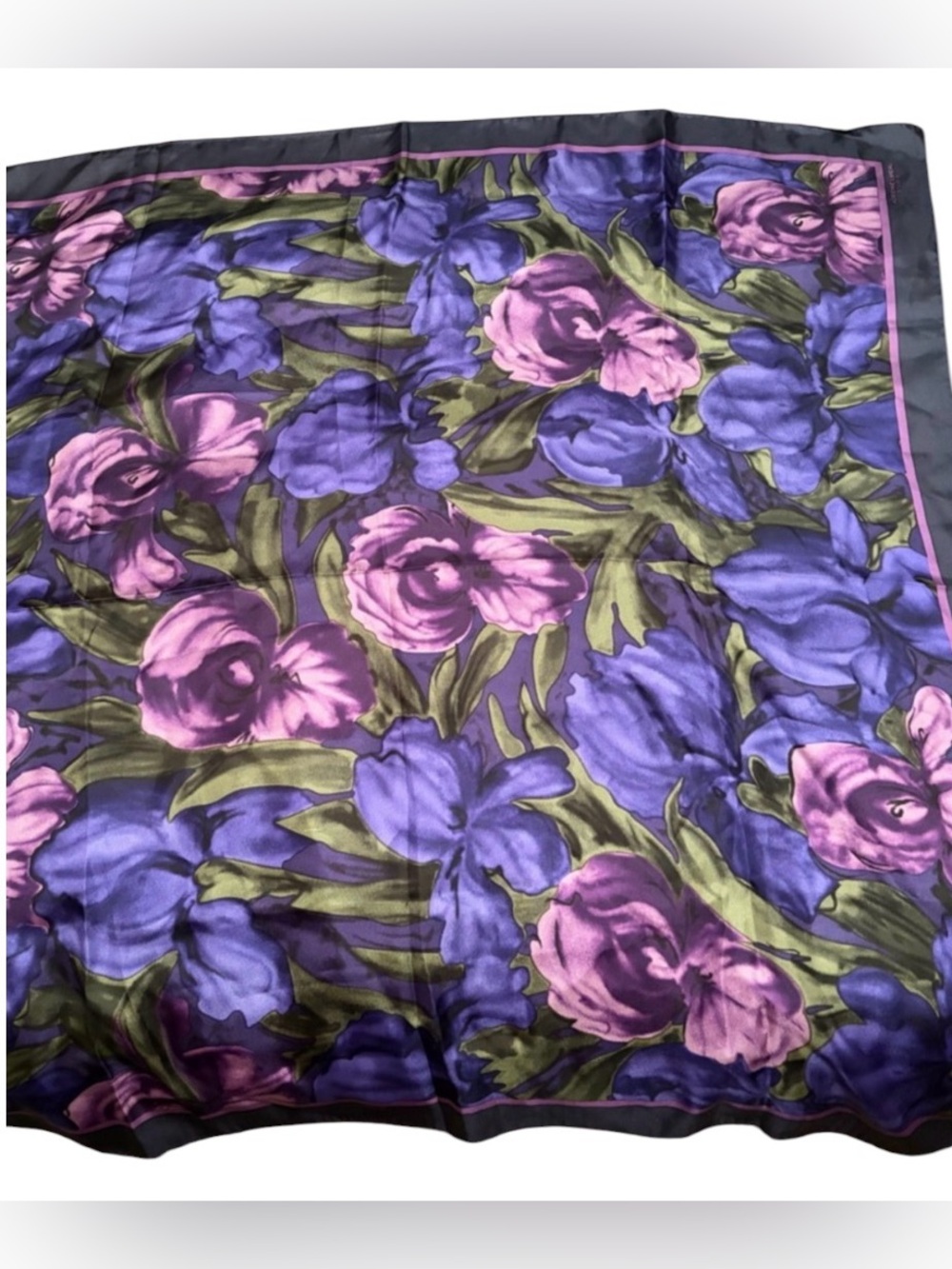 Adrianne Landau Floral Blue and Purple and Pink Blossoms Silk Scarf, NWT